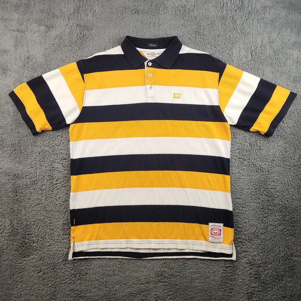 Ecko‎ Unltd Polo Shirt Men's Small Yellow Navy White Striped Short Sleeve Rhino